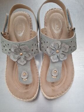 Italina Light Gray/Sage Green Floral Toe-Post Sandals
